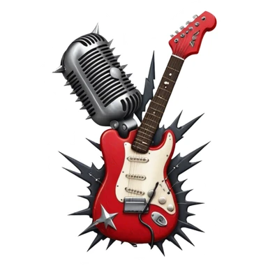 Create a powerful and dynamic humanless emoji representing rock vocals. The design should feature a classic vintage microphone with a rugged, distressed look, surrounded by elements like a guitar pick, electric guitar neck, and sound waves to reflect the raw energy of rock music. Add subtle details such as a spiked bracelet, leather textures, or bold lightning bolts to evoke the rebellious and intense spirit of rock. Use dark, edgy colors like black, red, silver, and metallic accents to emphasize the fierce, loud, and passionate nature of rock vocals. The background should be transparent. sticker