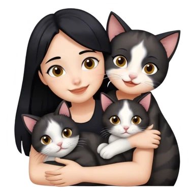 happy girl with black hair hugging three cats  (black calico cat, gray cat, brown calico cat) sticker