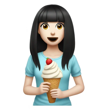 Portrait cute Girl pale skin with long black  bangs eating icecream  sticker