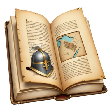 Icon for Historical Fiction Reading: an open book with pages showing ancient scrolls, a quill, a knight's helmet, and a parchment map. The icon should evoke the adventure and grandeur of historical settings and storytelling. Transparent background. sticker