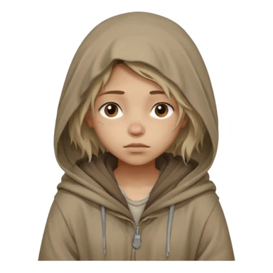 Young beggar little girl character, chest-up portrait, wearing worn and oversized clothes, hair is visible, no hat or such, neutral earth-tone fabric, slightly messy hair peeking from under a hood, tired but gentle eyes, subtle dirt marks on face, sticker