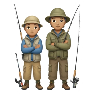 Father and son in fishing gear, arms crossed because they are cold full body sticker
