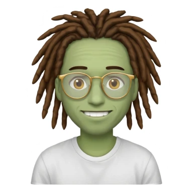 man with brown dreads white tee golden eyes light green skin glasses and white smile sticker