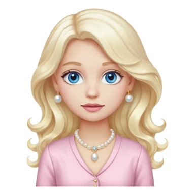 stylish girl emoji with long wavy platinum blonde hair, blue eyes, pale peachy-pink skin, pastel pink fancy outfit #f3c3cf, pearl hair clip, and gold jewelry sticker
