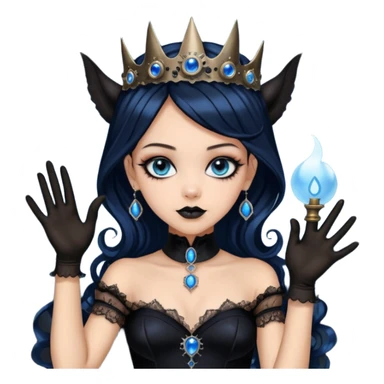 Slim fitting seductively dressed, Holed and worn Lavish black evening gown with see-through wispy black gloves, holding pose witchy Jenna Ortega as student Addams woman wearing a steampunk style mini tiara, very large blue evil-looking horned old evil eyes  sticker