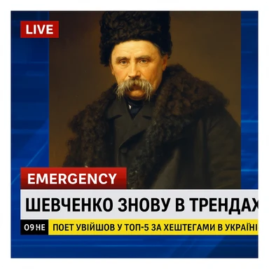 A realistic screenshot of a television news broadcast with an emergency report about Ukrainian poet Taras Shevchenko.
A downloaded image was used in the composition.
In the lower third of the screen, the headline "Шевченко знову в трендах" is displayed in large bold font,
and below it is a concise news ticker with the text "Поет увійшов у ТОП-5 за хештегами в Україні",
which provides brief updates.
The colour palette is clear and professional, with contrasting tones
characteristic of authoritative news channels.
The entire scene conveys the urgency and drama inherent in live news broadcasts. sticker