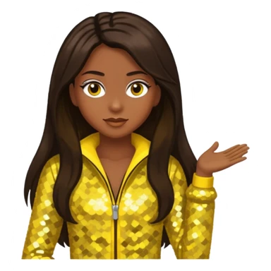Sasha from Bratz with medium dark skin, long dark brown hair and yellow sequin outfit sticker
