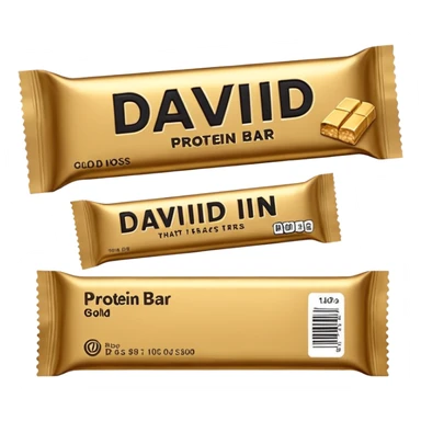 protein bar gold wrapper that says David on it in black font with a small brown box on it  sticker