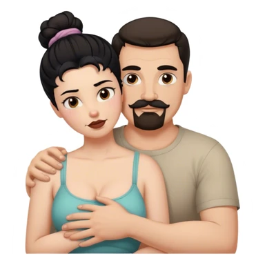Tall strong white man with brown mustache goatee hugging a chubby short pale woman with messy black hair bun sticker