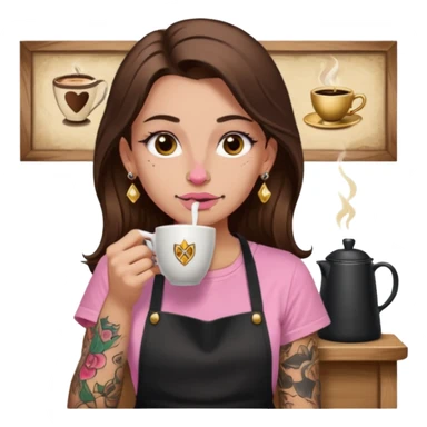 Fille cheveux long châtain, peau beige type européen yeux marron, teeshirt rose avec un tablier noir, piercing au nez anneau doré, boucle d’oreille diamant doré. Elle boit un café Tatouage à la gorge sticker