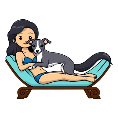 Very thin Chinese woman with long black hair relaxing on a spa lounger with exactly ONE Italian greyhound. CRITICAL REQUIREMENT: the dog must be ONE SOLID VERY DARK CHARCOAL GREY (almost black-grey) COLOR from nose to tail with NO WHITE or LIGHT AREAS anywhere - NO white face, NO white muzzle, NO white chest, NO white paws, NO white tail tip - NOTHING BUT A SINGLE SHADE OF VERY DARK GREY throughout the entire animal sticker