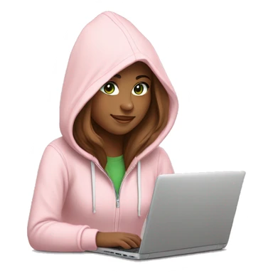 a girl with brown long hair, fair skin, green eyes, works relaxed and smiling at a modern laptop in a monochrome pale pink zip hoodie with a hood that is slightly pulled over her head sticker