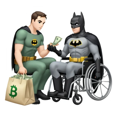 Batman kneeling down to man in wheelchair with bags of cash behind him sticker