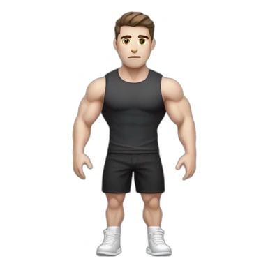 Confused Pale skinned Fit Man With the biceps and dark brown hair in black shirt, gray sports shorts and white Sneakers sticker