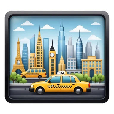 Icon for Urban Tourism: a skyline with iconic city landmarks, like skyscrapers, a subway and a taxi, with travel accessories like a camera and map. The icon should represent the excitement of exploring urban environments. Transparent background. sticker