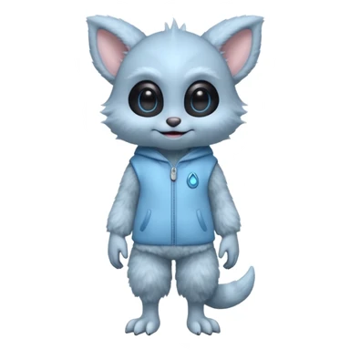 full body ...cute peacefull alien furry with 2 legs ....it has 1 eye....stands upright and looks intelligent ...wears clothing. is light grey and light blue..looks happy and cuddly... doesnt have eyes on face, there is a appendage coming from top of head with a single large eye sticker