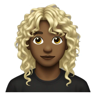 a boy with long curly blond hair with bangs,a bridge piercing and a side labret piercing. he’s wearing a black shirt with a frog sticker