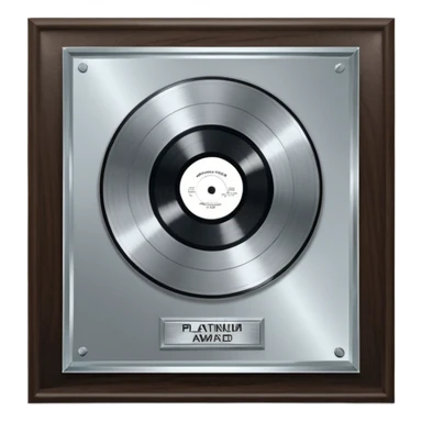 A platinum music award plaque: a square, polished platinum plate with a subtly textured, mirror-like finish, mounted on a simple dark wood base. The center features a relief of a or stylized vinyl record in a slightly darker metallic tone.  sticker