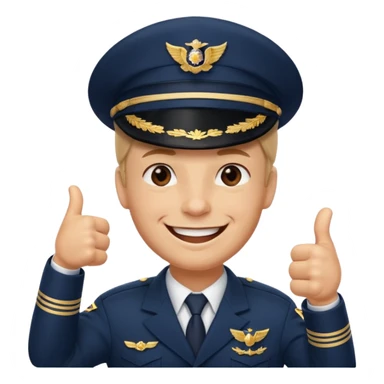Slack-style emoji of a pilot wearing a slightly tilted navy captain hat, giving a thumbs-up, big cheerful smile, eyes closed or happy squint sticker