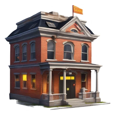 Very old dilapidated Firehouse building shaped like the Ghost Busters Firehouse with solar lights and decorative and detailed interior design with police tape to close it off  sticker