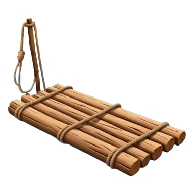 showing a simple wooden raft floating on calm blue water — made of several brown logs tied together with rope — gentle ripples around it — bright, cheerful lighting and soft shadows — minimalist, clean emoji design sticker