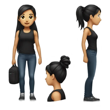 girl with black hair in a ponytail and a black jean and a black sleeveless shirt wearing a backpack sticker