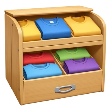 wooden storage box with folded clothes organized in compartments emoji style sticker