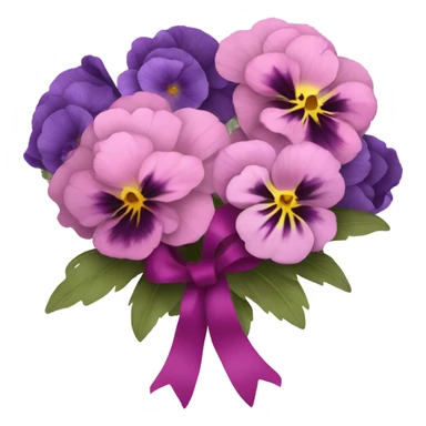 Bouquet composed of pink pansies, violet peonies tied with a dark pink ribbon and in the background purple butterflies  sticker