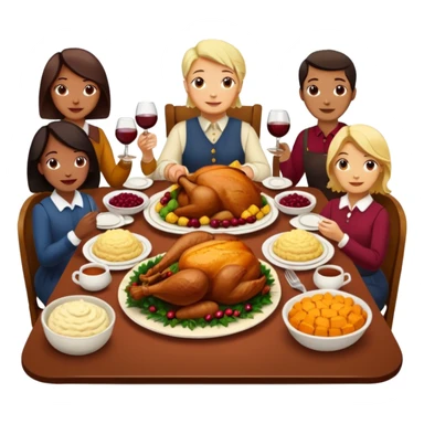 Thanksgiving Dinner with 6 friends of all different races around the table; have the food be a cooked turkey, mashed potatoes, corn, a basket of biscuits, a small bowl of cranberry sauce, baked yams, steamed vegetables, and a bottle of wine. sticker