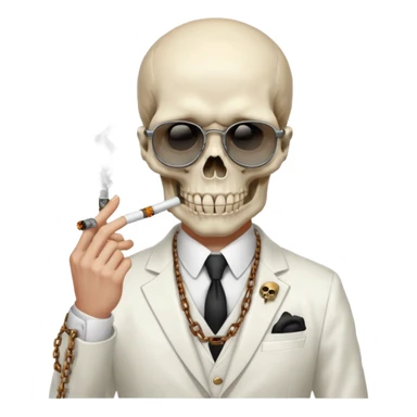 cinematic realistic - steampunk Megadeth - a gentleman in a white suit that smokes, has a skull instead of a head, wears rusty metal glasses with chains sticker