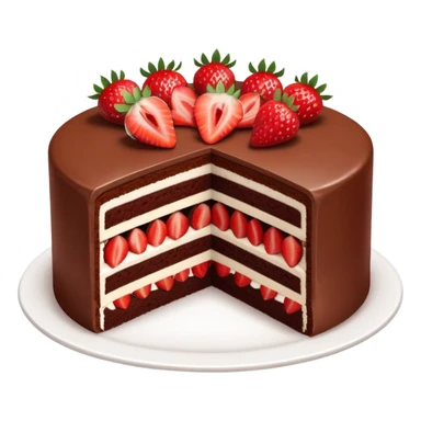 chocolate layer cake with strawberries, cross-section visible sticker