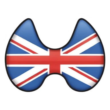 Minimalistic flat vector icon, iOS style, thin black contour on white background. Ear icon with sound waves and small UK/USA flag symbol. Clean, no text, no shadows sticker