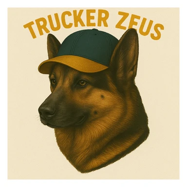 Apply maximum compression to reduce file size as much as possible while keeping transparency, realistic German Shepherd, and yellow 'Trucker Zeus' text. sticker