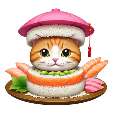 cat wearing a sushi hat with rice base, multiple fish pieces on top, wasabi accent, pink ginger slices, and lots of soy sauce heavily dripping down the sides sticker