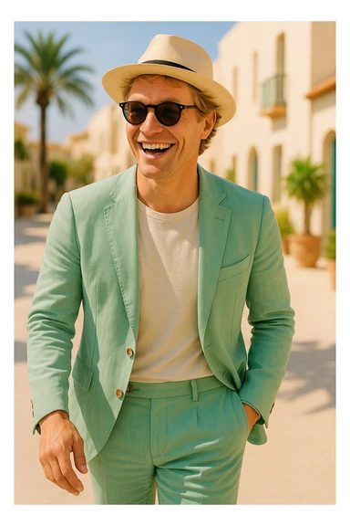 Make the man more animated and Scandinavian with lively expression and Scandinavian features. Keep the pastel green linen suit, sunglasses, and straw hat. sticker