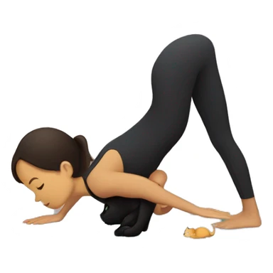 Girl doing her yoga pose - downward dog, with black cat laying next to her, girl wears dark brown sport suit sticker