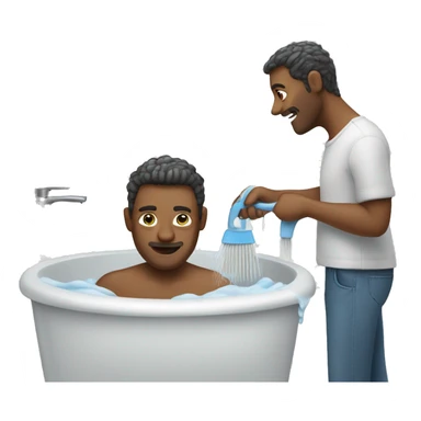 A man washing and brushing himself with a background towards sticker