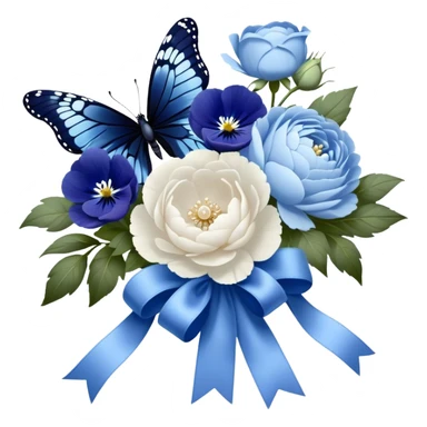 An elegant butterfly with midnight blue and sky blue wings, accented with delicate white tracings, hovering above a beautifully arranged bouquet of soft pastel blue peonies and deep indigo pansies, tied together with a flowing pearl satin ribbon. sticker
