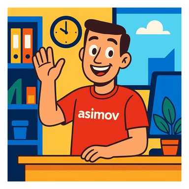 an office worker in a red t-shirt labeled 'asimov', smiling and greeting, cartoon style, vibrant toon style sticker
