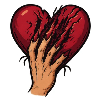 женская рука с маникюром вгоняет когти в винного цвета сердце и сильно раздирает царапает его (пальцы полусогнуты ногти вогнаны в царапины) рисованный стиль, ориентируйся на референсы по стилю и по уровню разодранности серца sticker