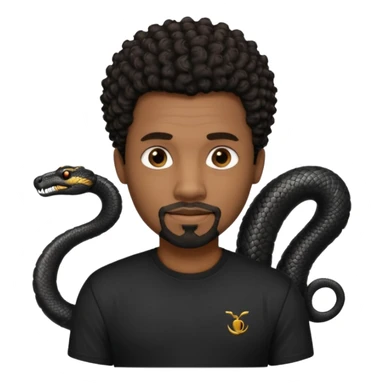 Homme noir de peau,  yeux marron avec un bouc pas de  moustache, cheveux noir court et bouclé crépus avec un dégradé sur le côté, avec un cobra à côté , t-shirt noir  sticker