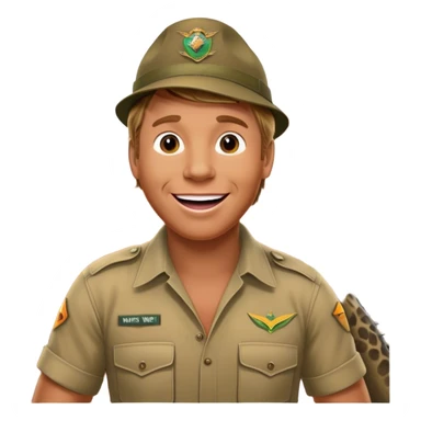 Cinematic Realistic Steve Irwin Portrait Emoji, depicted as a passionate wildlife expert in his signature khaki attire with an enthusiastic smile and a backdrop of the Australian outback, rendered with vibrant textures and dynamic natural lighting that captures his adventurous spirit. sticker