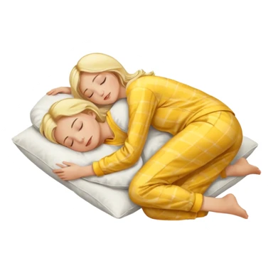 woman with blond hair in yellow pajamas, sleeping on her side on a white pillow, classic iOS emoji style sticker