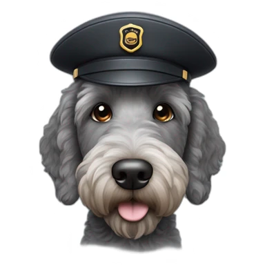 grey and black labradoodle dog's face with and long nose and a pilot cap on sticker