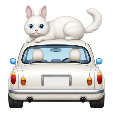 Please create a small emoji the size of 🚗 featuring a pure white cat with bunny tail (not ears) with blue eyes on a white saloon car viewed from side. Again it is necessary that the emoji must be extremely small, much smaller than a standard sized sticker. sticker
