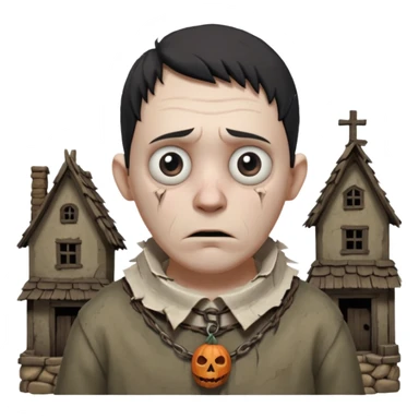cursed village villager portrait, head and shoulders only, pale skin, torn rustic clothes collar, haunted eyes, eerie atmosphere, 3D cartoon, mobile game icon style, clean background, no text, no watermark

 sticker