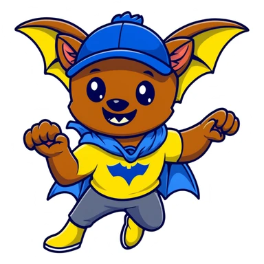 Flying fox bat mascot "Nahalenok" for FC Rostov, cheerful expression, large wings spread wide in flight, big expressive eyes with playful glint, smiling mouth showing small fangs, wearing yellow (#FFCD00) and blue (#0057B8) scarf around neck, blue baseball cap with FC Rostov logo tilted to side, dark grey body sticker