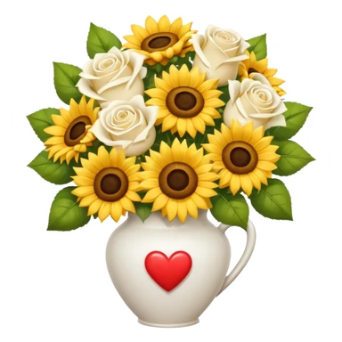 Bouquet with yellow roses sunflowers and white roses in a white vase with hearts and a white bow sticker