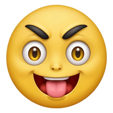 A yellow round face emoji smirking with its tounge out but the eyes are evil and kind of crazy and only one eyebrow is raised higher than the other sticker
