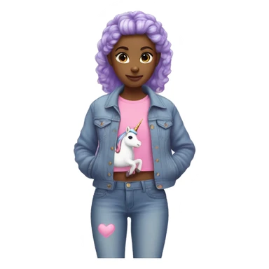 girl with a lavender bun wereing pink jeans, a purple top with a heart,and a jean jacket with a unicorn sticker